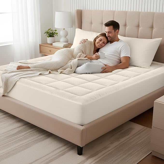OLANLY Full Quilted Fitted Mattress Pad – Soft Pillow Top Mattress Topper, Down Alternative Fill, Cooling Comfort Breathable Mattress Cover, Machine Washable Deep Pocket Mattress Protector, Ivory