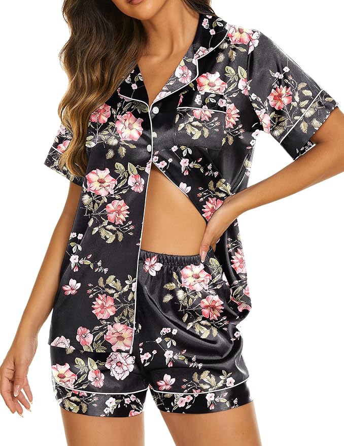 Ekouaer Pajamas for Women Set Silk Satin Pjs Shorts Sleepwear 2 Piece Loungewear S-XXL