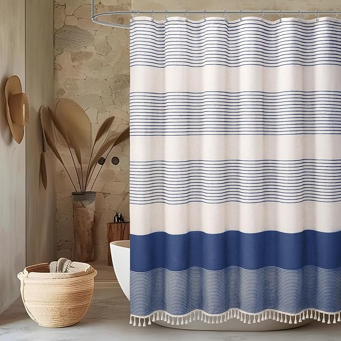 Awellife Blue Shower Curtain for Bathroom Linen Texture Stripe Tassel Shower Curtain 48 X 72 Inches Boho Neutral