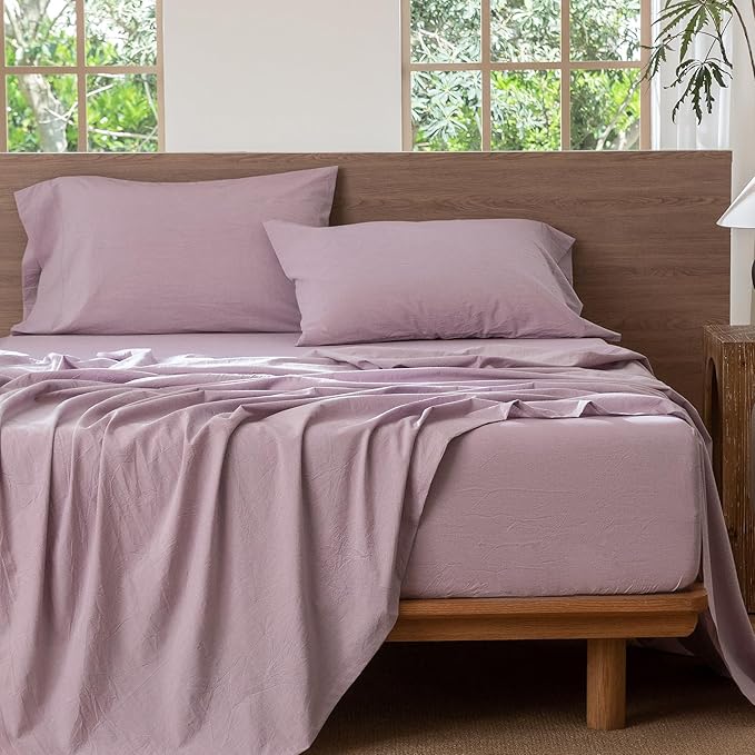MooMee Bedding Sheet Set 100% Washed Cotton Linen Like Textured Breathable Durable Soft Comfy (Heathered Light Purple, California King)