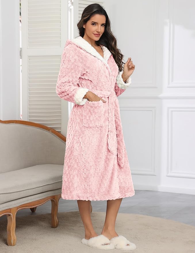 Ekouaer Womens Plush Robes Long Soft Jacquard Fluffy Bathrobe Hooded Robe Sleepwear with Pockets
