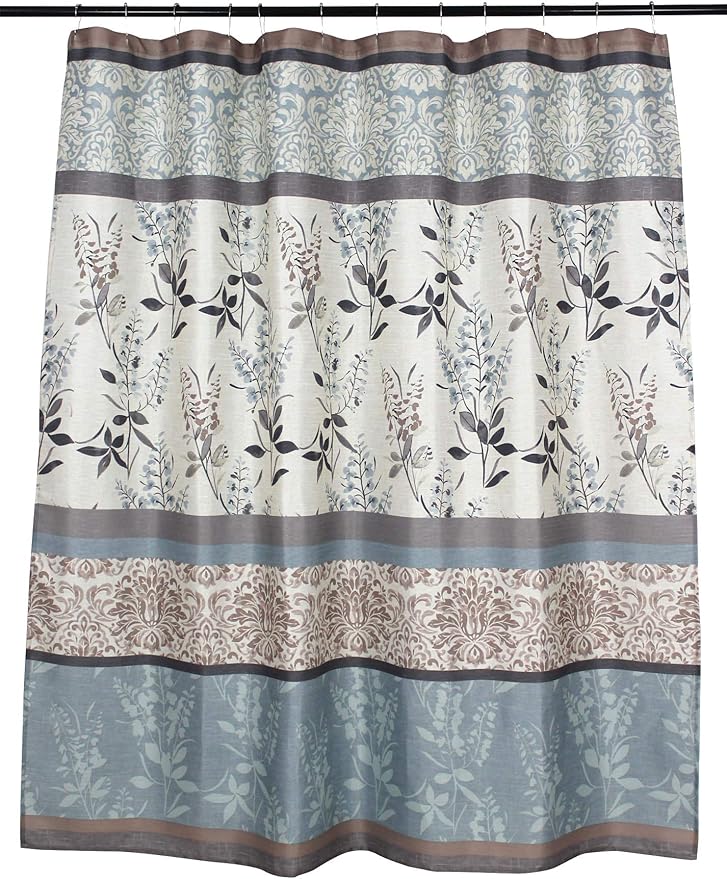 Serafina Home Hotel Quality Fabric Bathroom Shower Curtain: Farmhouse Floral Bordered Damask - Light Blue, Beige, and Grey (72 x 70 inches)