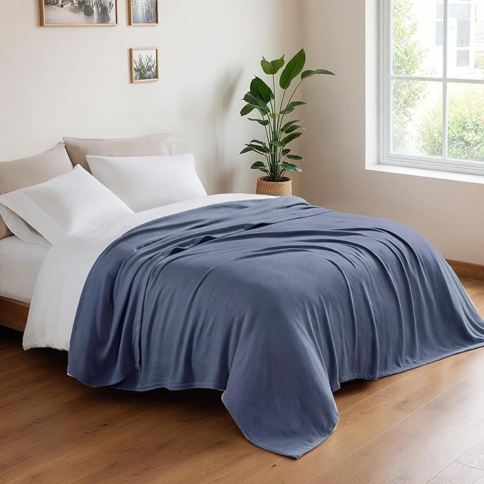 Twin Size Blanket, 70% Rayon (Derived from Bamboo) and 30% Cotton, Lightweight Jacquard Weave, Breathable and Soft Summer Blanket for Bed or Couch, 66” x 90”, Navy