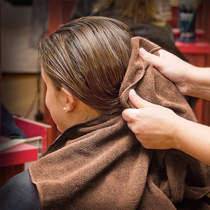 TASALON Microfiber Hair Towel for Salon - 10 Pack - 29 x 16 Inches, Quick Dry and Ultra-Soft Facial Towels with Soft Absorbant - Brown