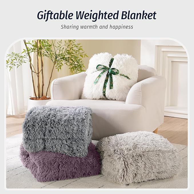 Wemore Shaggy Long Fur Faux Fur Weighted Blanket, Cozy and Fluffy Plush Sherpa Long Hair Blanket for Adult 15lbs, Fluffy Fuzzy Sherpa Reverse Heavy Blanket for Bed, Couch, Pink Purple, 48 x 72 Inches