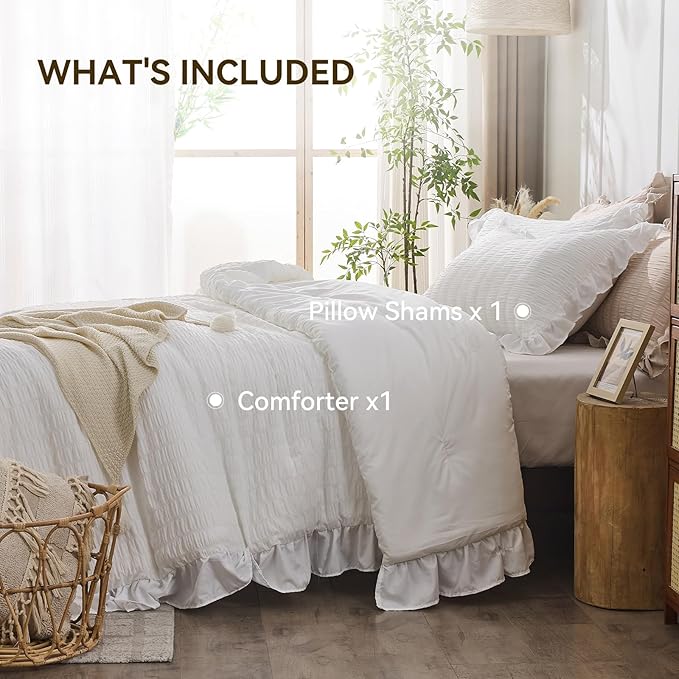 JOLLYVOGUE White Twin Size Comforter Set, 2 Pieces Seersucker Lightweight Fluffy Bedding Set, Twin Ruffle Comforter, All Season Soft Microfiber Shabby Chic Bed Set