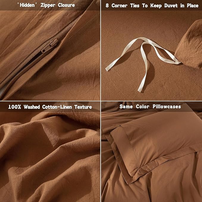 100% Washed Cotton Dark Orange Duvet Cover Oversize Queen Size Bedding Set Cover 1 Duvet Cover with Zipper Closure Plus 2 Pillowcases, 98inch x 98inch