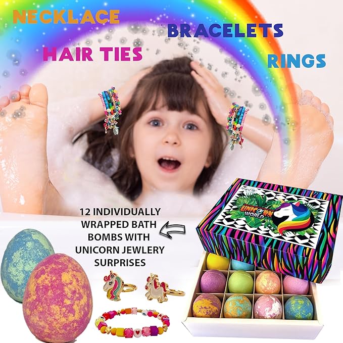 Unicorn Bath Bombs for Girls with Jewelry Inside - Organic Bath Bombs for Kids with Surprise, Natural, Skin Moisturizing BathBombs, Rainbow Bubble Bath. Stocking Stuffers Christmas Gifts for Girls