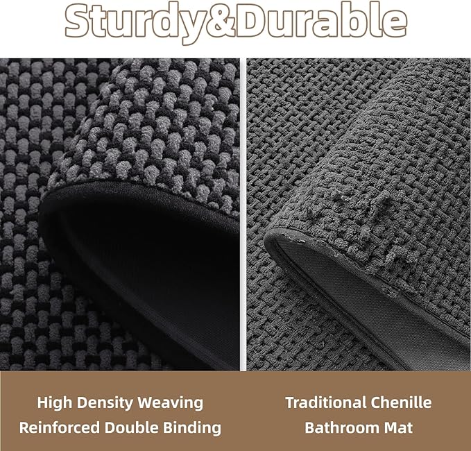 PADOOR-Bath Mat-Super Absorbent Chenille Bathroom Mats-Rubber Backed Bath Mats for Bathroom Non Slip, Easy Clean Bathroom Rugs Front of Bathtub,Shower Room,Sink-17×28, Darkgrey&Black