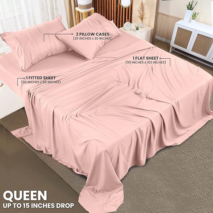 Utopia Bedding Queen Sheet Set – 4 Piece Bed Sheets for Queen Size Bed, Soft and Breathable Microfiber, Includes 1 Fitted Sheet, 1 Flat Sheet and 2 Pillowcases (Tea Pink)