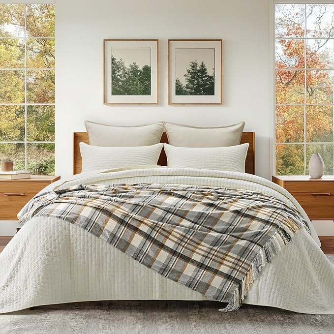 EVERGRACE Plaid Chenille Throw Blanket for Couch, Super Soft Cozy Decorative Farmhouse Plaid Throw with Tassels, Lightweight Chenille Knit Throw for Bed Sofa Gift Home Decor, Grey & Beige 60"x80"