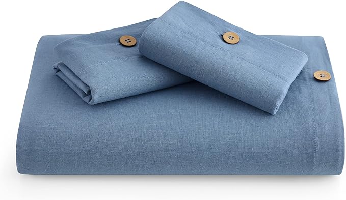 Bedsure Linen Duvet Cover Queen - Linen Cotton Blend Bedding Set, Soft & Cozy, 3 Pieces, 1 Duvet Cover 90x90 Inches and 2 Pillowcases, Foggy Blue Color Cooling Bedding, Comforter Sold Separately