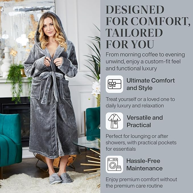 Lotus Linen Plush Robes for Women - Soft Bathrobe, Custom Monogram, Warm Fleece Robe with Pockets