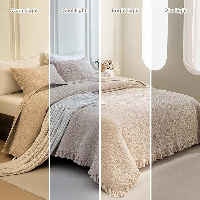 QSH Dark Wheat Stonewashed Cotton Oversized King Quilt Bedspread Set(128"x120"),3PCs Farmhouse Ruffled Bedspread California King,Shabby Soft Lightweight Crinkled Quilt Coverlet Bed with Pillow Shams