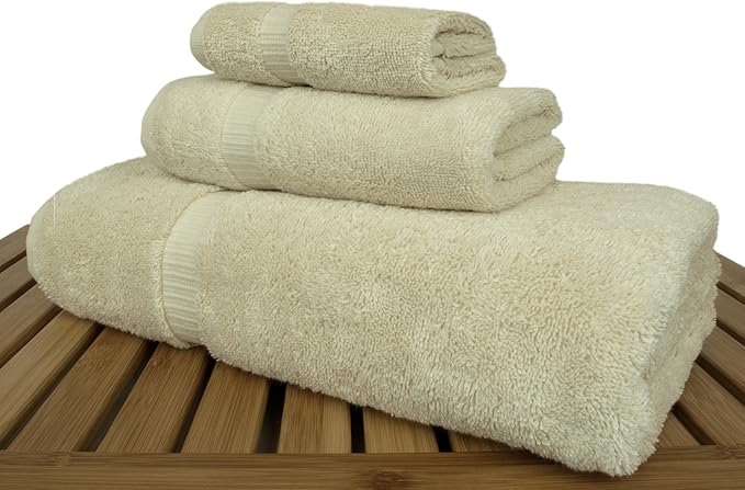 Luxury Hotel & Spa Quality Collection, Quick Dry 100% Turkish Cotton, 750+ GSM, Eco Friendly Towel Set, Bathroom and Kitchen Dobby Border Towels, Bath Towel, Hand Towel, Washcloths (3 Piece, Beige)