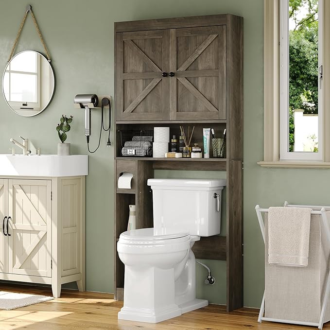 Furniouse Over The Toilet Storage Cabinet 32.3''W Wood Bathroom Storage Cabinet with Doors & Adjustable Shelves Free Standing Toilet Shelf, Gray
