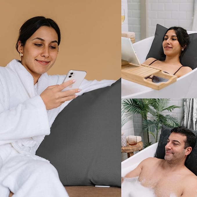Luxury Bath Pillow for Tub - Thick and Comfortable Bathtub Pillow Support for Head and Neck and Back - Washable Quick-Drying Bath Pillows - Bath Cushion for Home Spa - Fits Any Bathtub - Dark Gray
