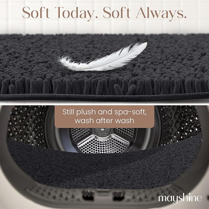 MAYSHINE Plush Shaggy Chenille Bath Mat | Extra Soft, Super Absorbent, Non-Slip Bathroom Rug | Fluffy Microfiber, Area Rug Sets for Bathroom Floor, Kitchen, Living Room | 47"x27" | Black