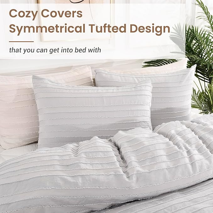 NEXHOME PRO California King Duvet Cover, Light Grey 3 Pieces Boho Tufted Duvet Cover Set, Soft and Lightweight Microfiber Comforter Cover Set (Light Grey Cal King, 104 x 98)-No Comforter