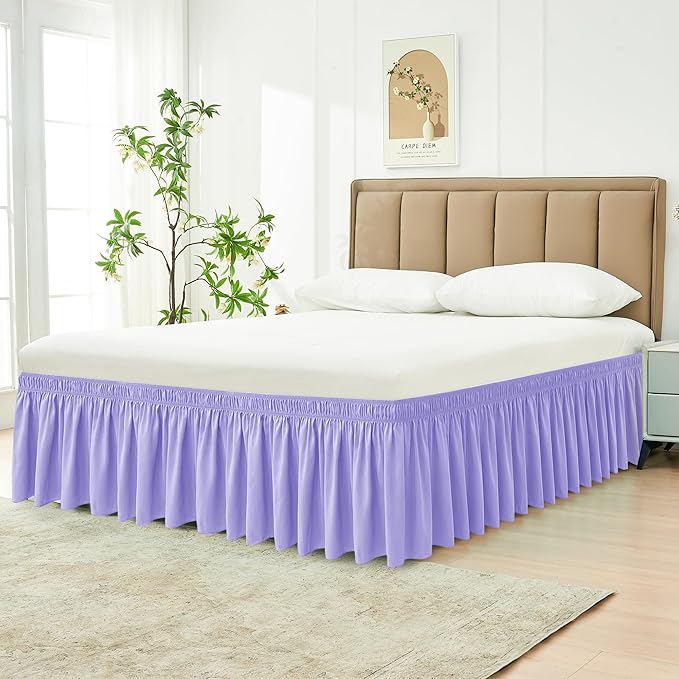 Biscaynebay Wrap Around Bed Skirts for King & Cal King Beds 18" Drop, Lavender Adjustable Elastic Dust Ruffles Easy Fit Wrinkle Resistant Silky Luxurious Fabric Machine Washable