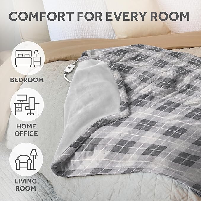 Sunbeam Electric Throw Royal Luxe Microplush Heated Blanket, 4 Heat Settings, 4-Hour Auto Shut-Off, Fast Heating, Warm and Cozy, Grey Rodeen Plaid, 50" x 60"