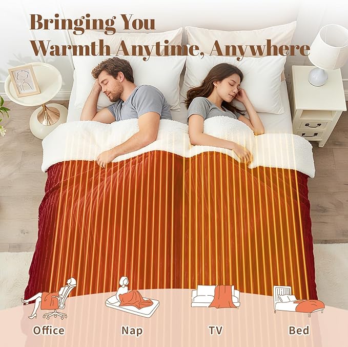 Electric Heated Blanket Queen Size Dual Control - 84"x90" Fast Heating Bed Blankets with 6 Heating Levels & 10 Hours Auto Off, Soft Ribbed Flannel, Over-Heat Protection ETL, Red