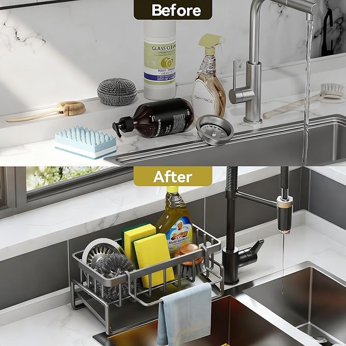 Sponge Holder for Kitchen, Sink Caddy Organizer Rack for Kitchen Accessories, Soap Dispenser Countertop Organizer Essentials for Home (Grey)