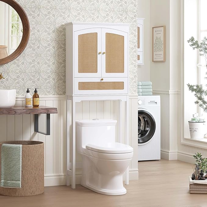 Spirich Over The Toilet Storage Cabinet with Rattan Doors, Over Toilet Bathroom Organizer with Tilt-Out Cube and Adjustable Shelf