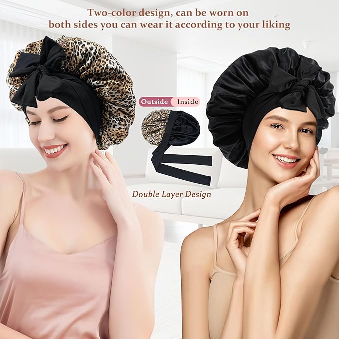 100% Mulberry Silk Bonnet for Sleeping Women Double Layer Silk Hair Bonnet Natural Sleep Cap with Elastic（Black + Leopard）