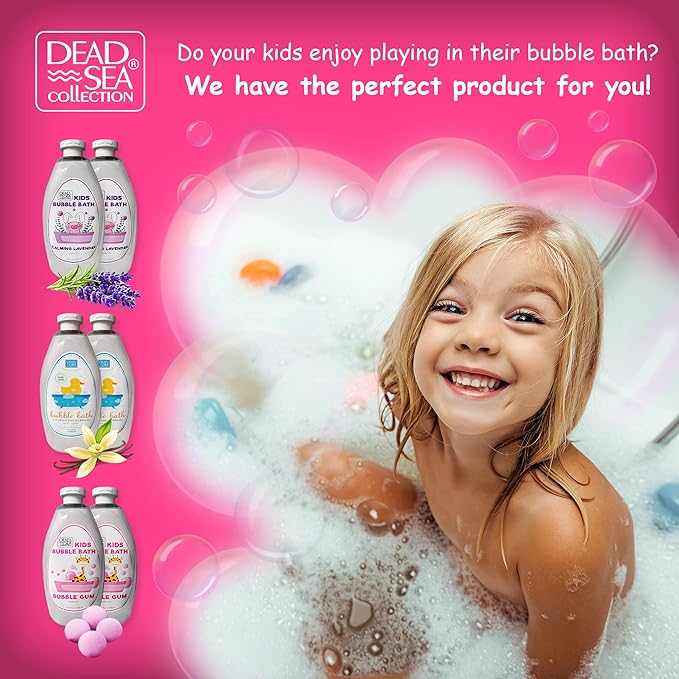 Dead Sea Collection Bubble Bath Kids with Bubble Gum Scent - Cleansing and Moisturizing Liquid Bath Pure Dead Sea Minerals - Pack of 2 Large Bottles (67.6 fl.oz)