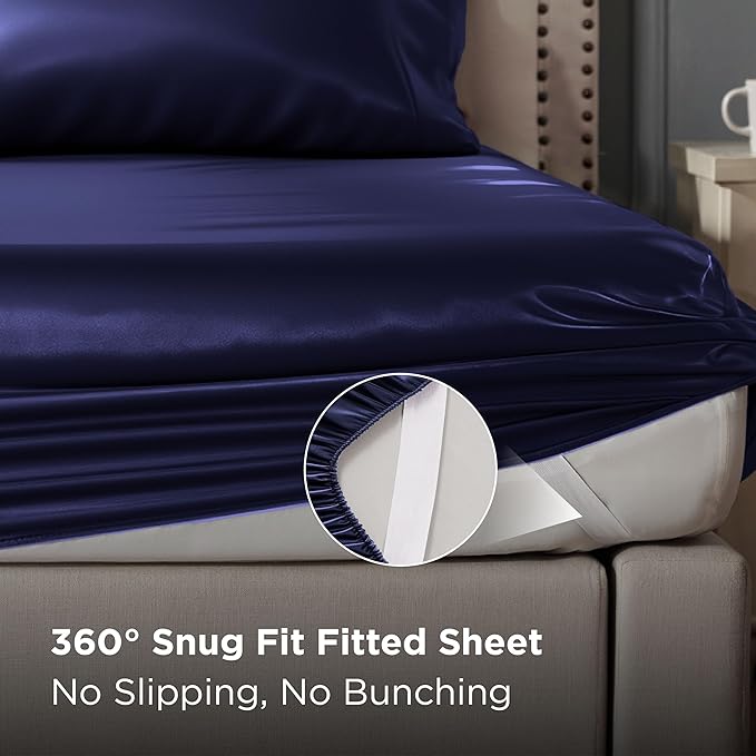 Bedsure Satin Sheets Queen Size - 4 Piece Silky Bedsheets with 15 Inches Deep Pocket Fitted Bedsheet,1 Flat Sheet, 2 Satin Pillowcases, Good for Hair & Skin (Queen, Navy)