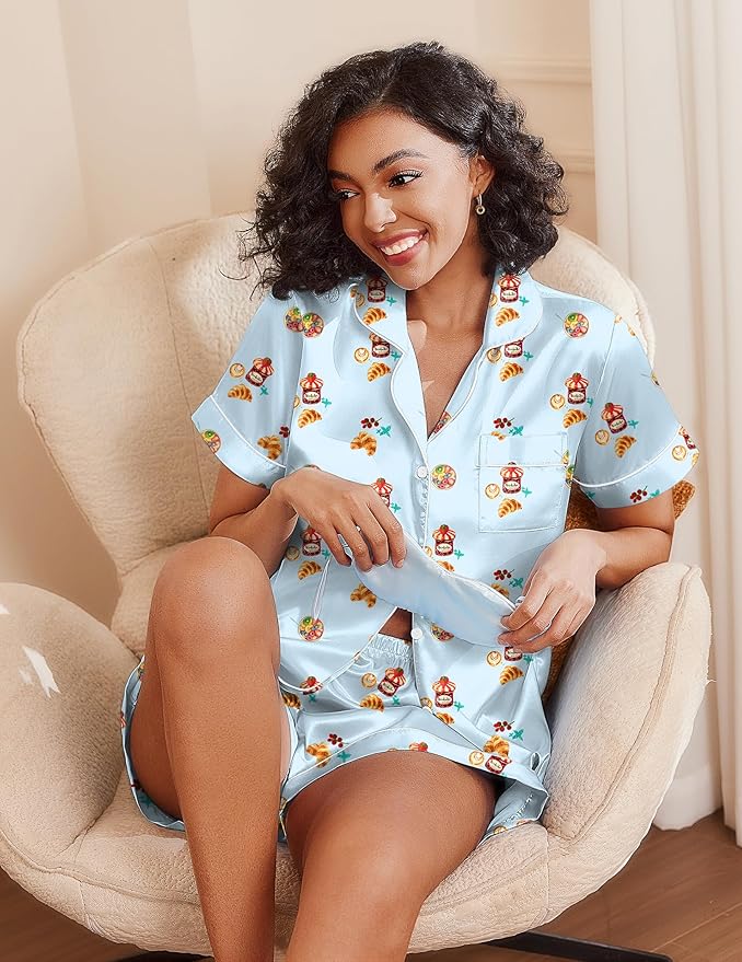 Ekouaer Women's Silk Satin Pajama Set Short Sleeve Pjs Shorts Set Comfy Button Down 2 Piece Sleepwear Loungewear