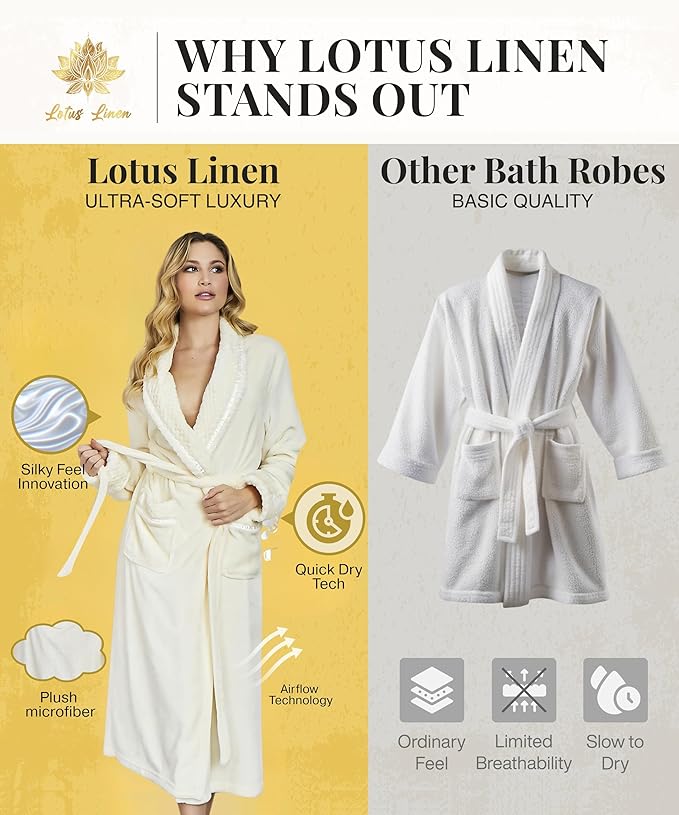 Lotus Linen Plush Robes for Women - Soft Bathrobe, Custom Monogram, Warm Fleece Robe with Pockets