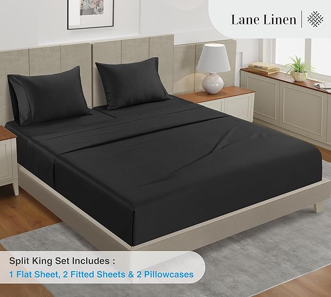 LANE LINEN Sheets for Split King Adjustable Bed – 450 Thread Count 100% Cotton, Soft & Cooling Sateen Weave, 15” Deep Pocket Fully Elasticized Fitted Sheet, Machine Washable, Black