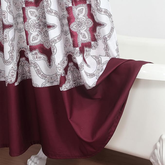 Burgundy Shower Curtain 72x72 Inches, Water Repellent Fabric with Medallion Pattern, 12 Metal Grommets and Weighted Hem