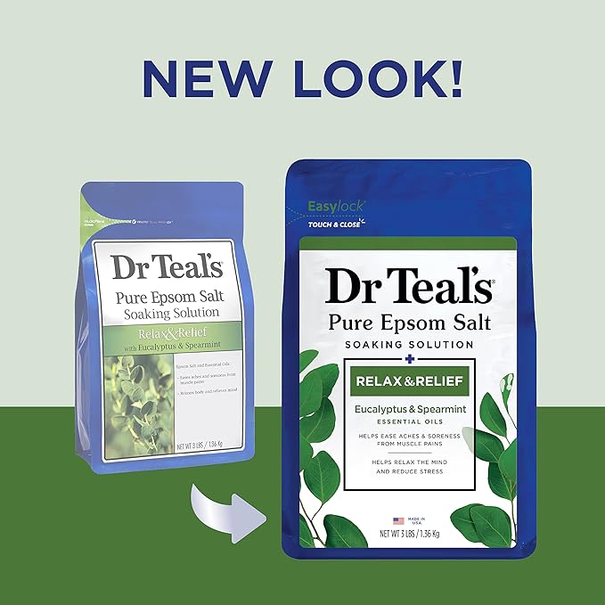 Dr Teal's Body Wash with Pure Epsom Salt, Relax & Relief with Eucalyptus & Spearmint, 24 fl oz (Pack of 4) (Packaging May Vary) & Pure Epsom Salt Soak, Relax & Relief with Eucalyptus & Spearmint, 3lbs