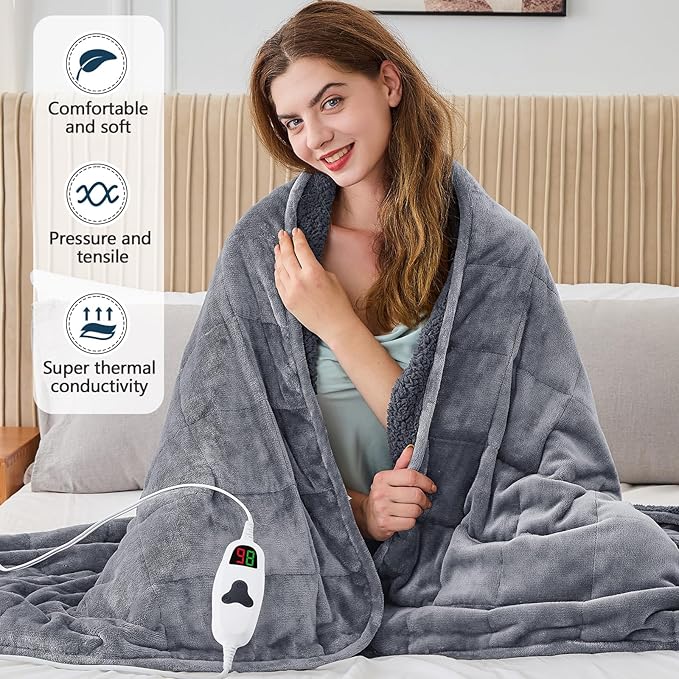 CYMULA Heated Weighted Blanket for Adults, Weighted Heated Blanket 50" x 60", 13lbs Sherpa Fleece Weighted Electric Blanket Soft Heating Blanket with 10 Heating Levels & 1-8 Hours Auto Off, Light Gray