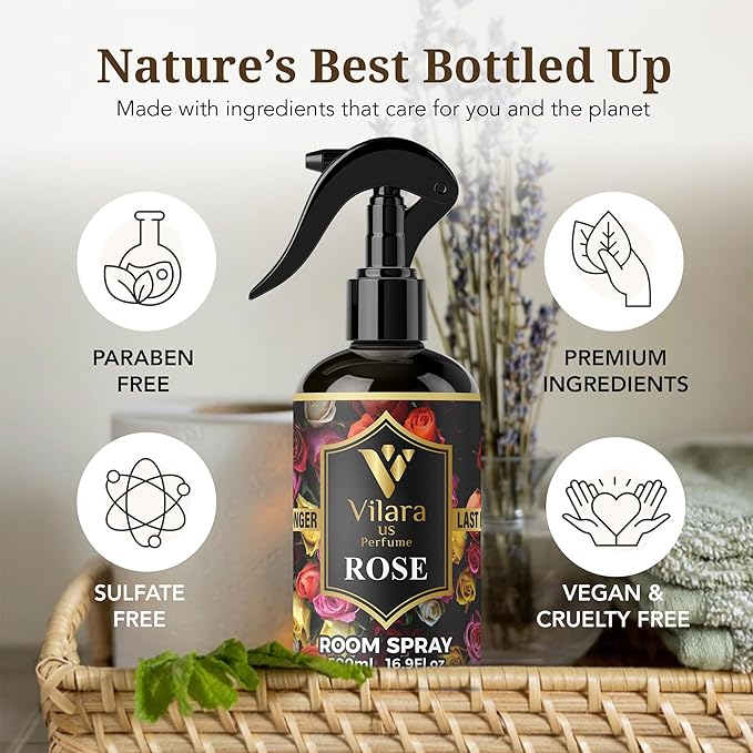 Vilara US Room Spray Freshener – Long-Lasting Luxury Perfume Scent, Linen & Fabric Spray for Bedding, Furniture, Home & Bedroom Aromatherapy – 16.9 fl oz (Rose)