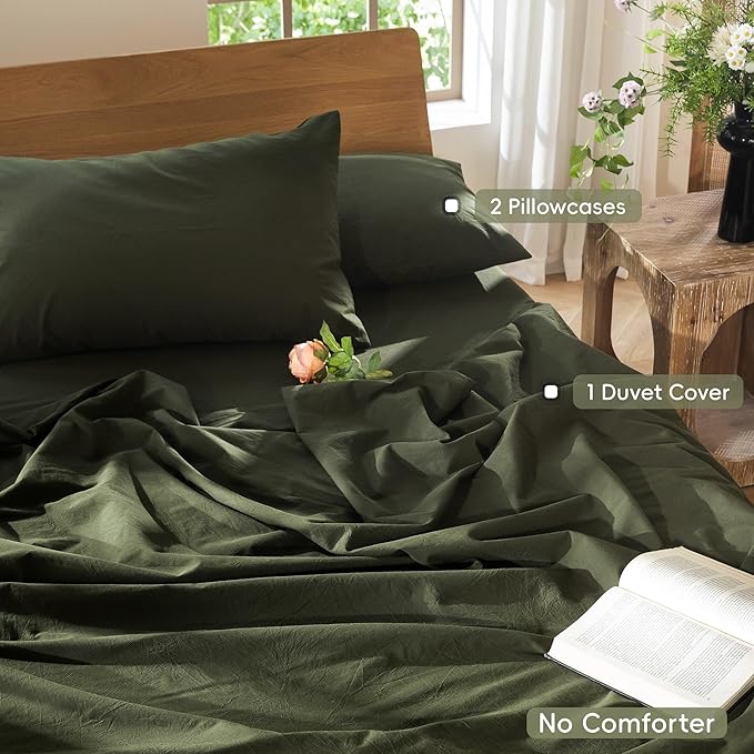 MooMee Bedding Duvet Cover Set 100% Washed Cotton Linen Like Textured Breathable Durable Soft Comfy (Solid Olive Green, Oversized King Plus 128"x120")