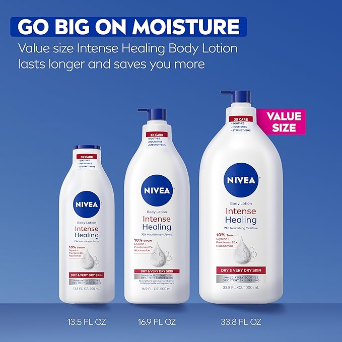 NIVEA Intense Healing Body Lotion for Very Dry, Itchy Skin with Glycerin, Provitamin B5 and Niacinamide, 72-Hour Body Moisturizer, 33.8 Fl Oz Value Size Pump Bottle