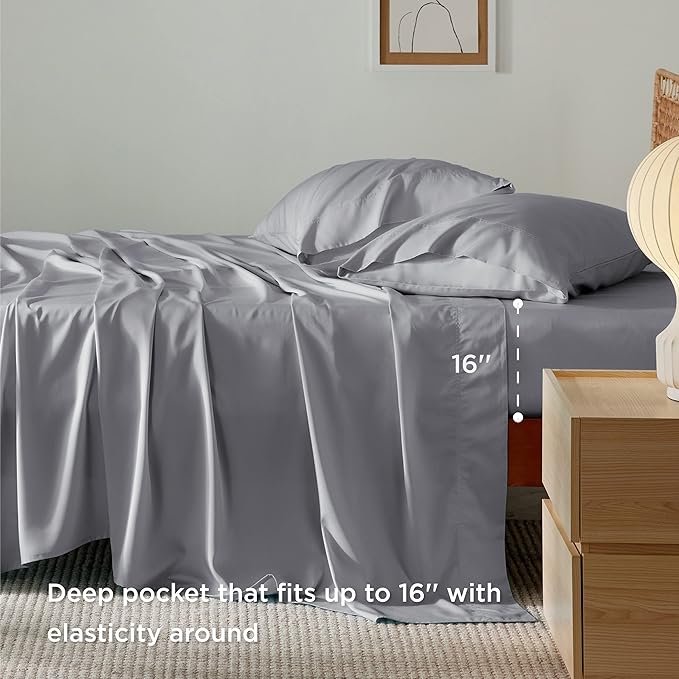 Bedsure Cooling Sheets Twin XL, Rayon Derived from Bamboo, Breathable & Soft Twin XL Sheet Sets, Deep Pocket Up to 16 Inches, Hotel Luxury Silky Dorm Bedding for Hot Sleepers, Silver Grey