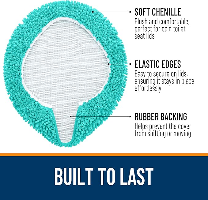 OLANLY Soft Chenille Bathroom Toilet Lid Cover, Machine Washable Seat Covers, 17.5x15, Stays in Place Rubber Backing, Fits Most Round, Elongated and Oblong Lids, Accessories Decor, Teal