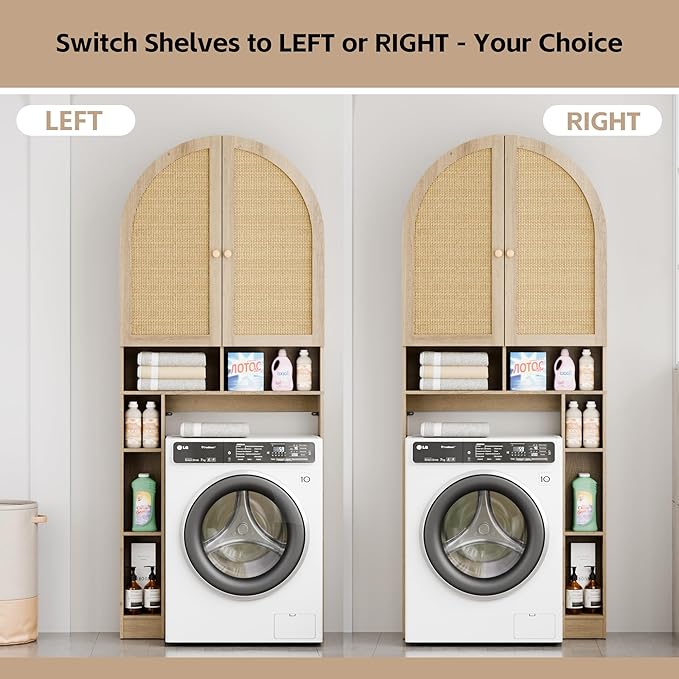 Over The Toilet Storage Cabinet, 29.7”W Modern Storage Cabinet Over Toilet with Rattan Doors, Arched Freestanding Over Toilet Rack with Adjustable Shelf for Bathroom, Nature