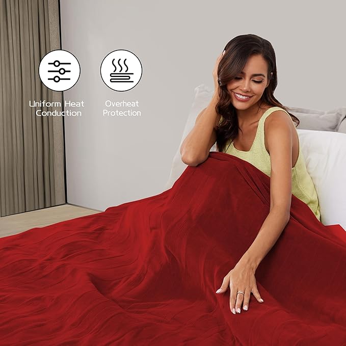 Heated Electric Blanket 62"x84" Twin Size, Soft Coral Fleece Blanket with 4 Heating Levels & 10 Hours Auto-Off, Fast Heating, Warm Cozy, Machine Washable for Home & Office - Red