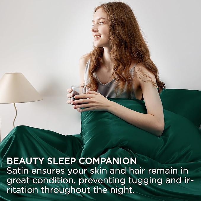 Bedsure Satin Sheets Full Size - 4 Piece Silky Bedsheets with 15 Inches Deep Pocket Fitted Bedsheet,1 Flat Sheet, 2 Satin Pillowcases, Good for Hair & Skin (Full, Dark Green)