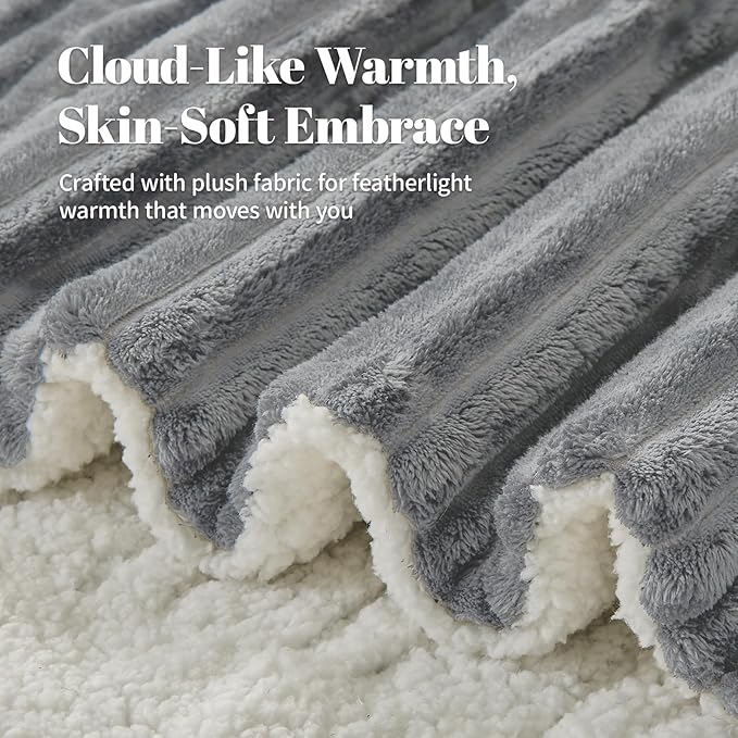 Electric Heated Blanket Twin Size - 62"x84" Fast Heating Bed Blankets with 6 Heating Levels & 10 Hours Auto Off, Soft Ribbed Flannel Sherpa, Over-Heated Protection ETL, Light Gray