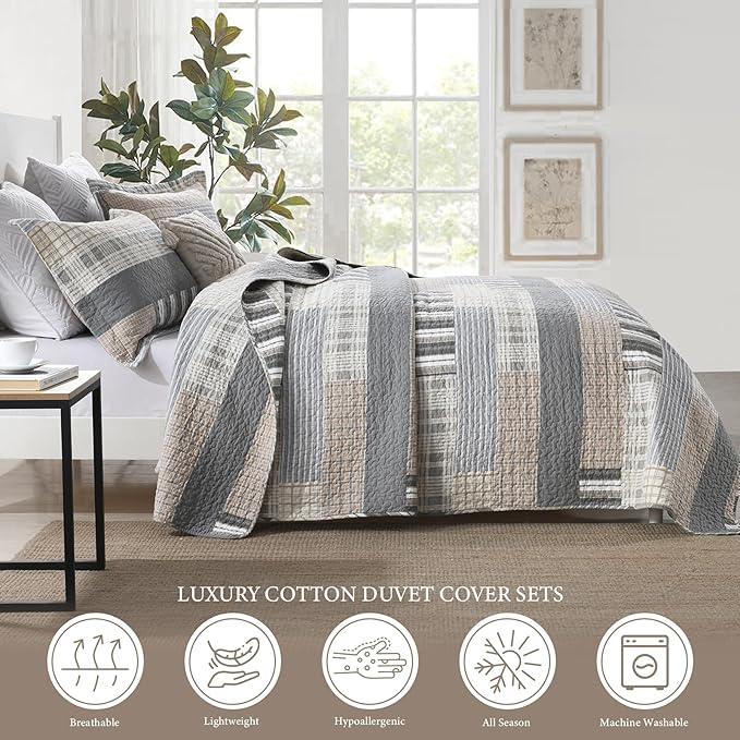 Uniclinens Quilt Set King Size, 100% Cotton Quilted Quilts Bedding Set Bedspreads, Farmhouse Patchwork Plaid Quilted Comforter Set, 3 Pieces Set with 2 Pillowshams, Cream/Grey/Brown