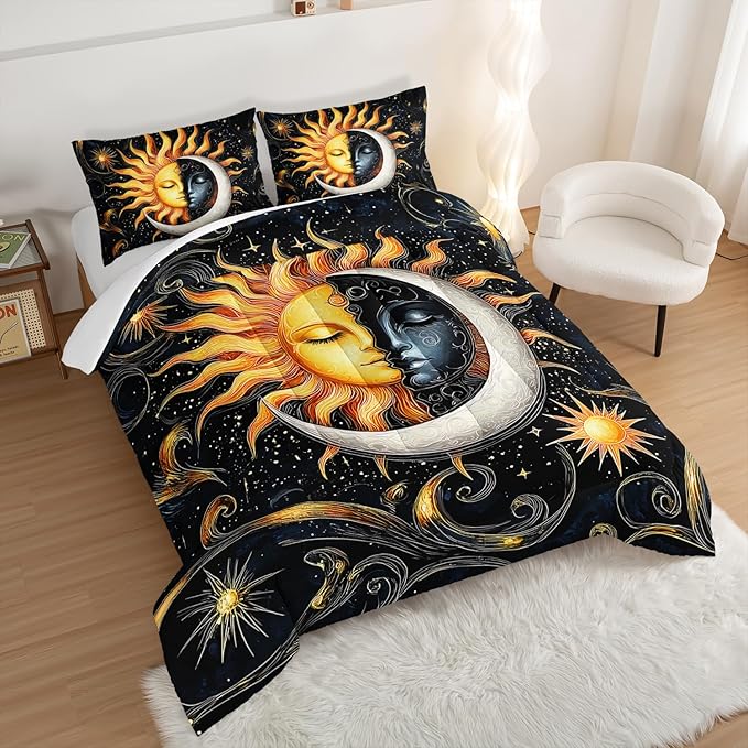 Sun and Moon Bedding Set Full Size,Yellow Galaxy Celestial Bedding for Kids Boys Girls Teens Room Boho Decor,Black and Yellow Fluffy Comforter Sets with 2 Pillowcases.