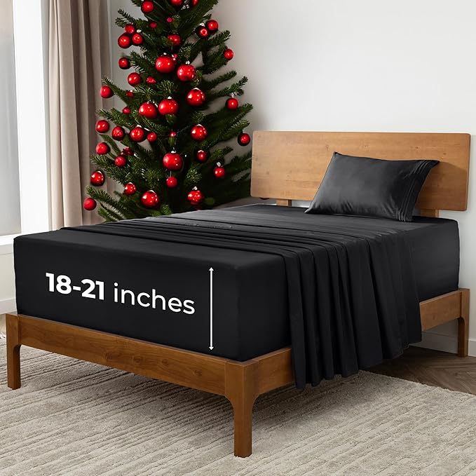 Mellanni Extra Deep Twin XL Sheets - 3 PC Iconic Collection Bedding - Hotel Luxury, Ultra Soft, Cooling Bed Sheets - Wrinkle, Fade, Stain Resistant (Twin Extra Long, Black)