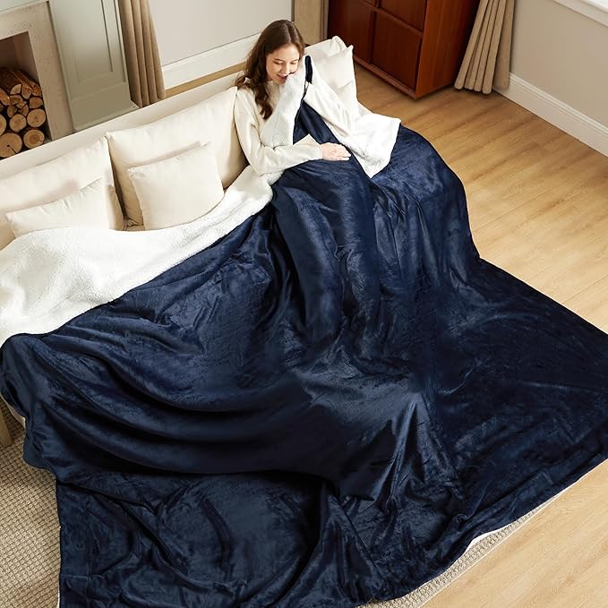 Bedsure GentleSoft Sherpa Fleece Oversized Cal King Blankets for Bed - Thick and Warm Throw for Women and Men, Soft Fuzzy Plush Large Blanket for Winter, Navy, 112x98 Inches